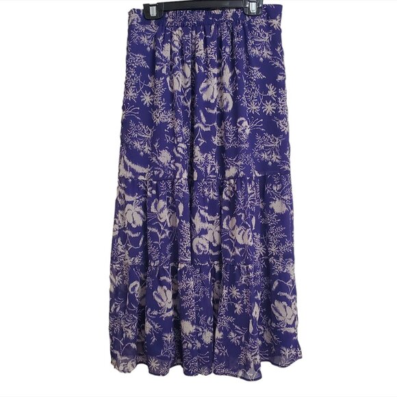 ba&sh Womens Uria Midi Skirt Small Violet Floral A-Line Tiered Lined Pur… - Picture 5 of 16